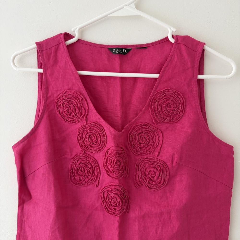 Y2K Fuchsia Linen Blend Rosette Applique Tank Top Petite Small Artsy Boho - Picture 6 of 6